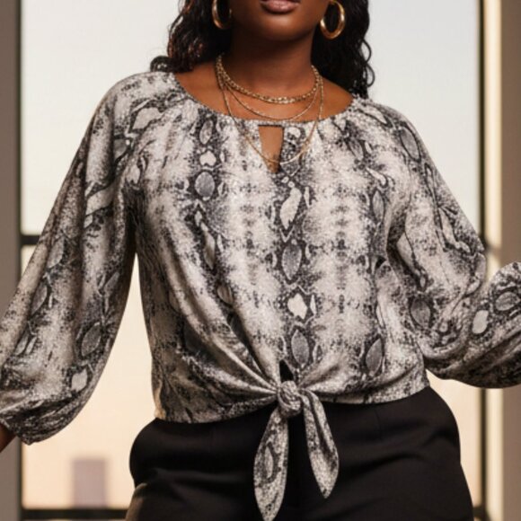 West K Tops - Snake Print Animal West K Gray Black Tie-Front Keyhole Blouse XXL